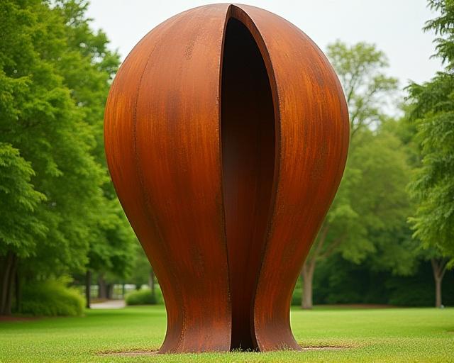 A large, rust-colored Corten steel sculpture standing in a park.